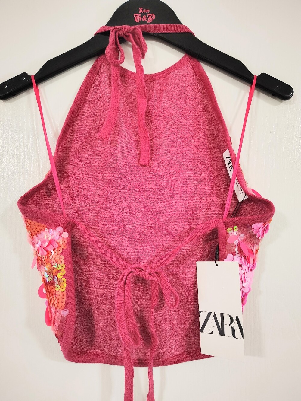NWT Zara Hot Pink Sequin Halter Crop Top Limited Edition Women's Medium / Large - Picture 5 of 12